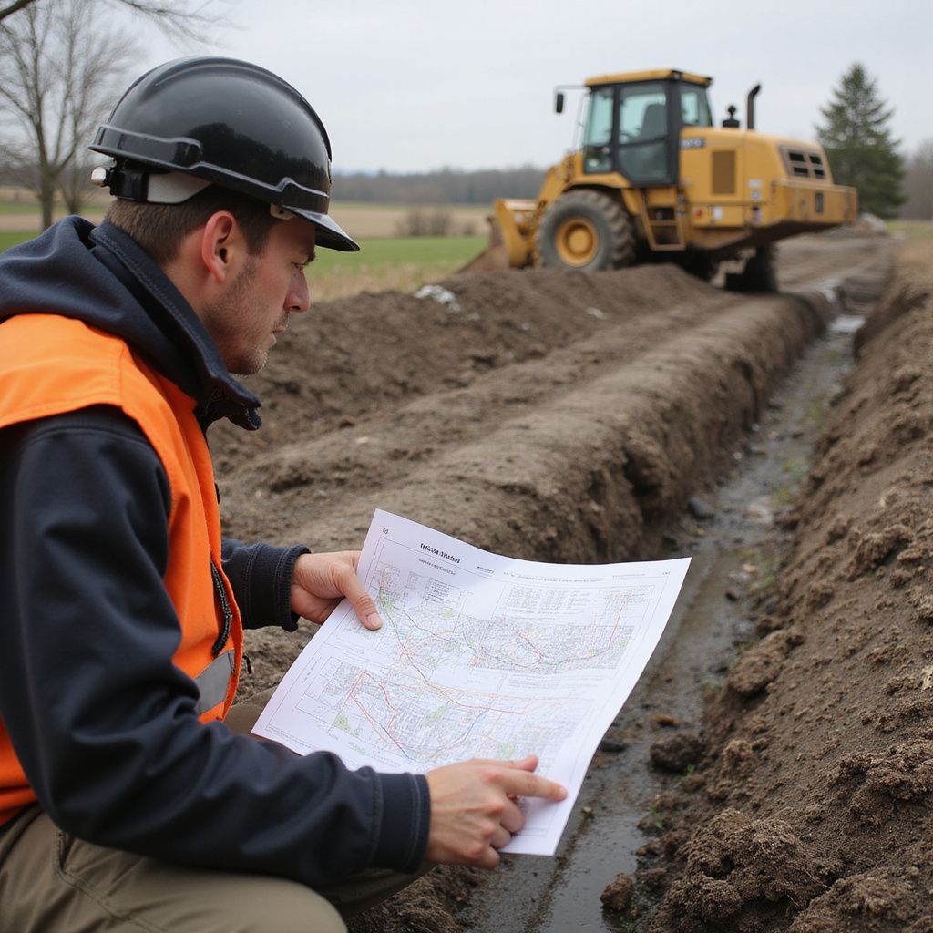 Construction worker looking at blueprints, trench and heavy equipment in the background, cloudy day.
