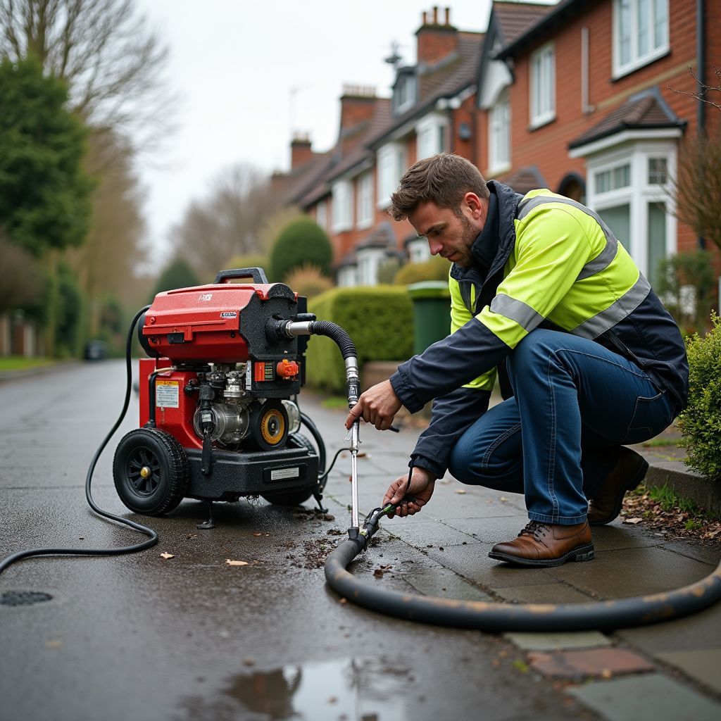 Man in work clothes repairing pipe in street with a red machine.
