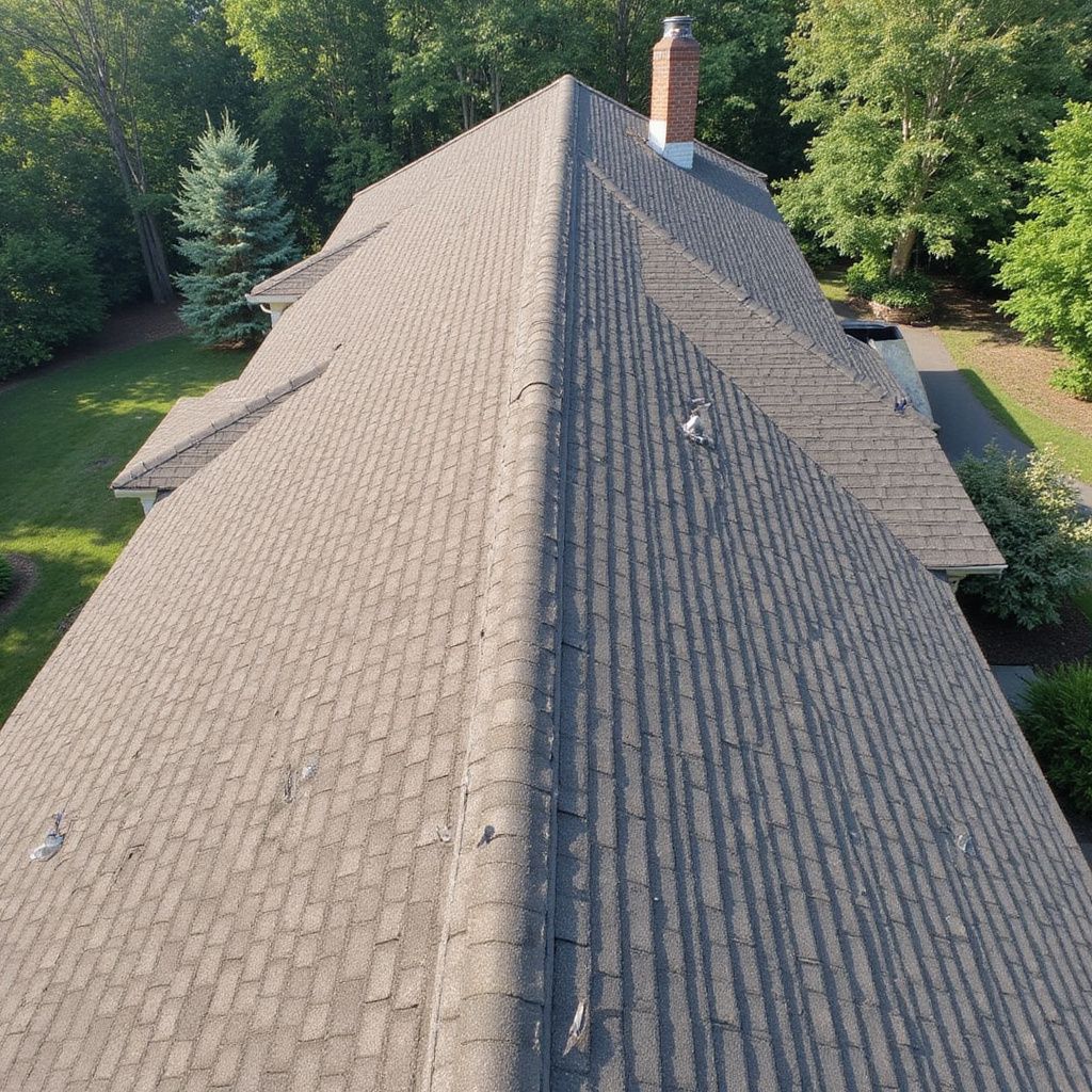 Overhead view of a house roof, brown shingles, with a brick chimney and trees in the background.