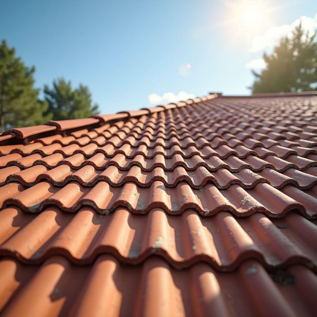 Red tiled roof under a bright blue sky with trees in the background.