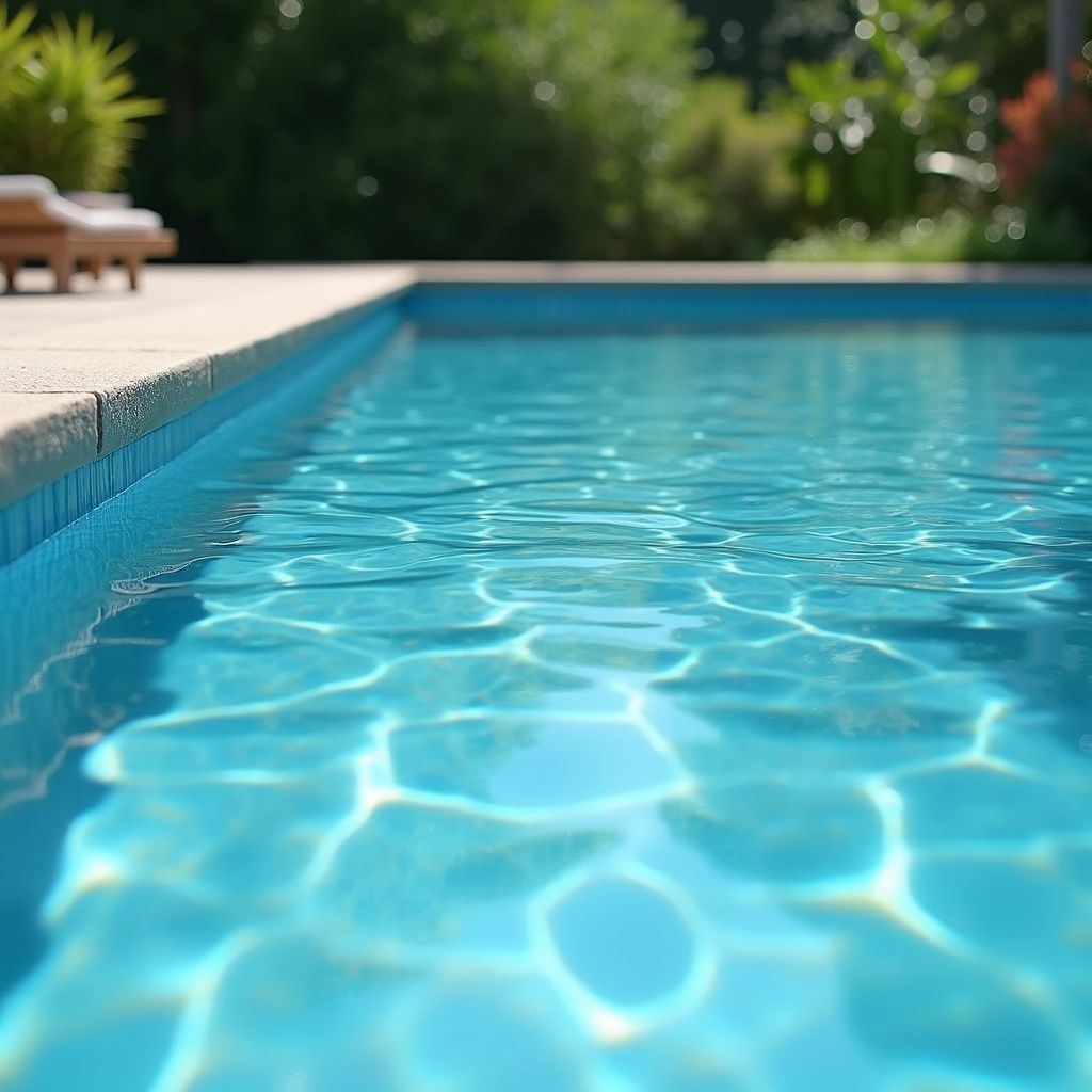 Pool with clear blue water reflecting sunlight, set outdoors with blurred greenery.