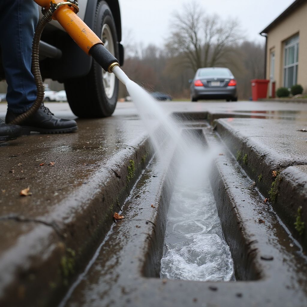 Person using hose to flush a storm drain on a wet asphalt road, near a vehicle and other cars.