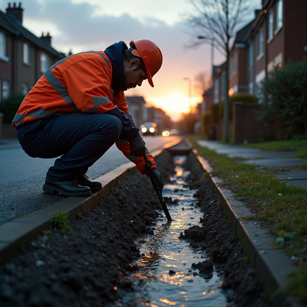 Construction worker in orange vest and hard hat crouches, inspecting a ditch on a street. Sunset in background.