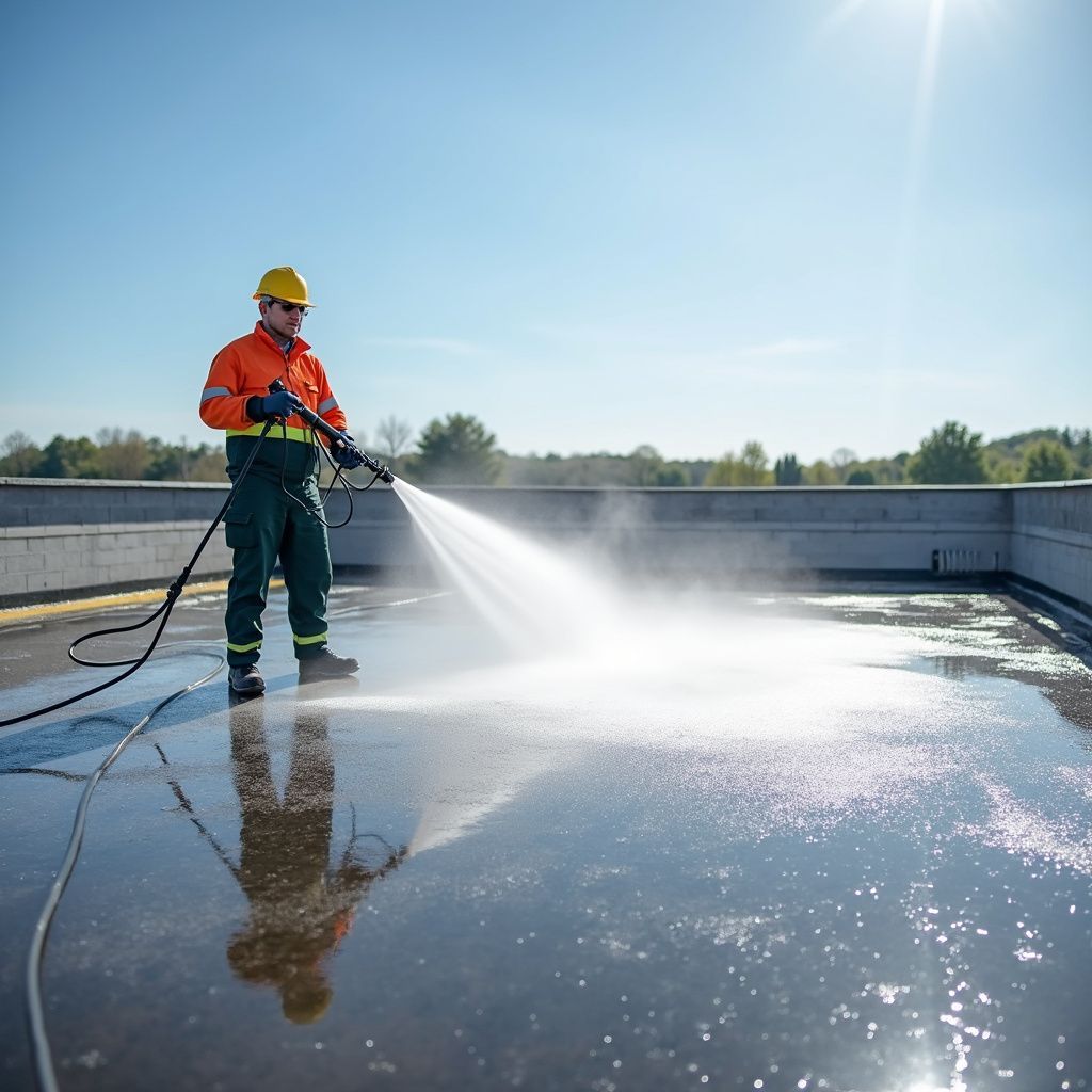Person in safety gear power washing a flat roof under a sunny sky.