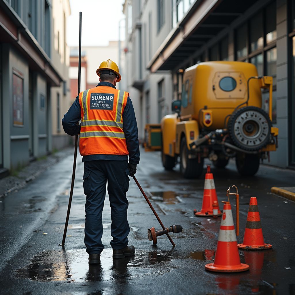 Worker in safety vest on wet alley with equipment and truck.