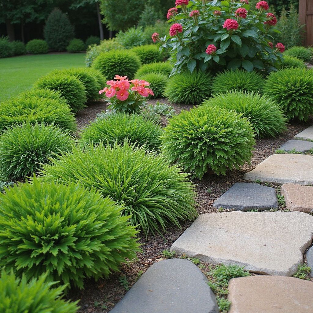 Lush green, round shrubs border a stone path in a garden. Pink flowers bloom amidst the greenery.