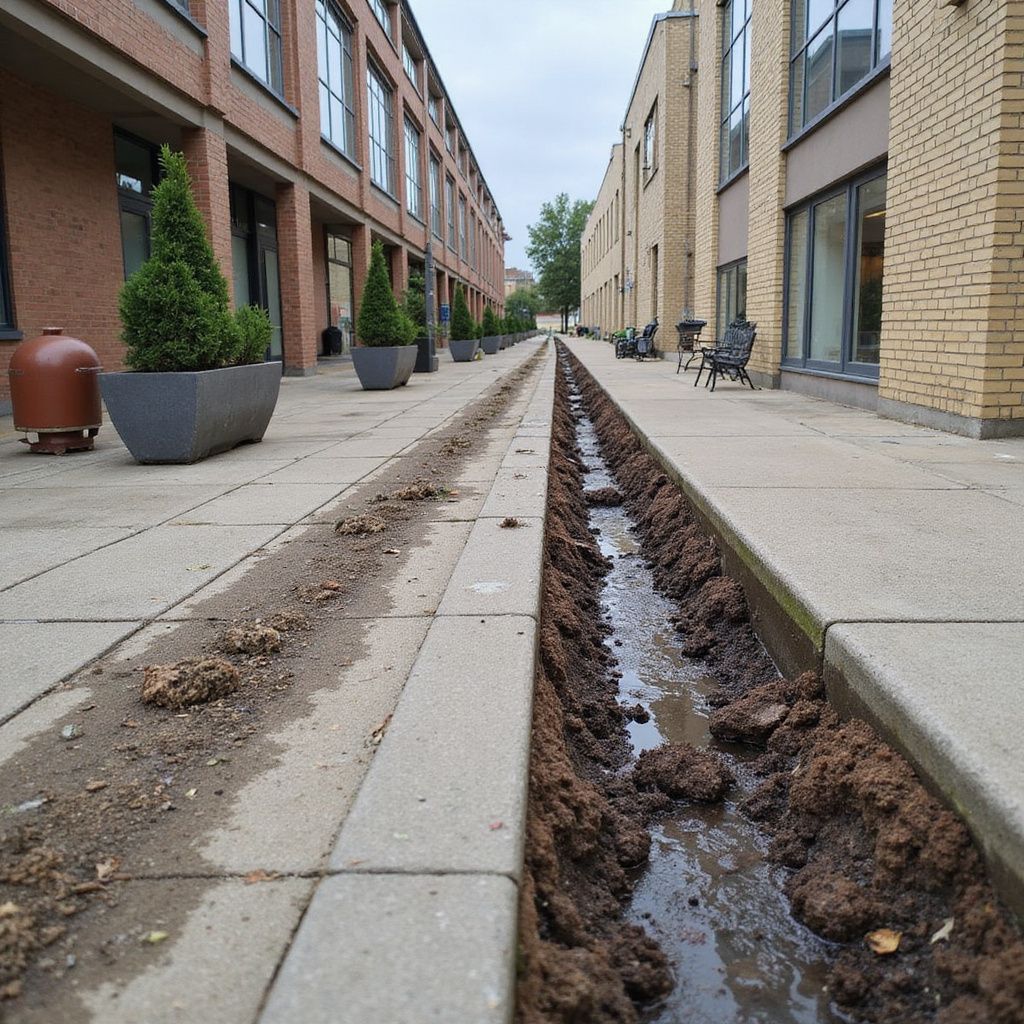 Narrow trench filled with mud and water runs between two brick buildings with planters.