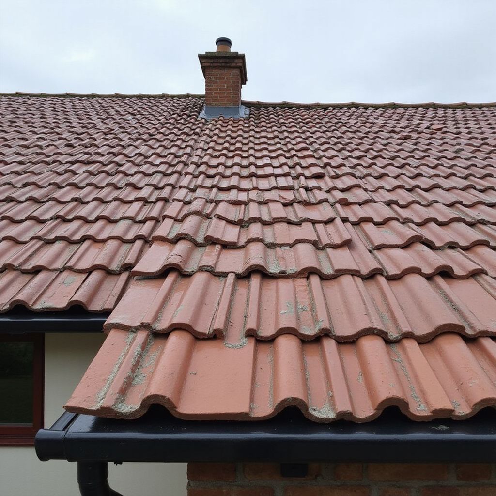 Red tiled roof with chimney and black guttering. Cloudy sky background.