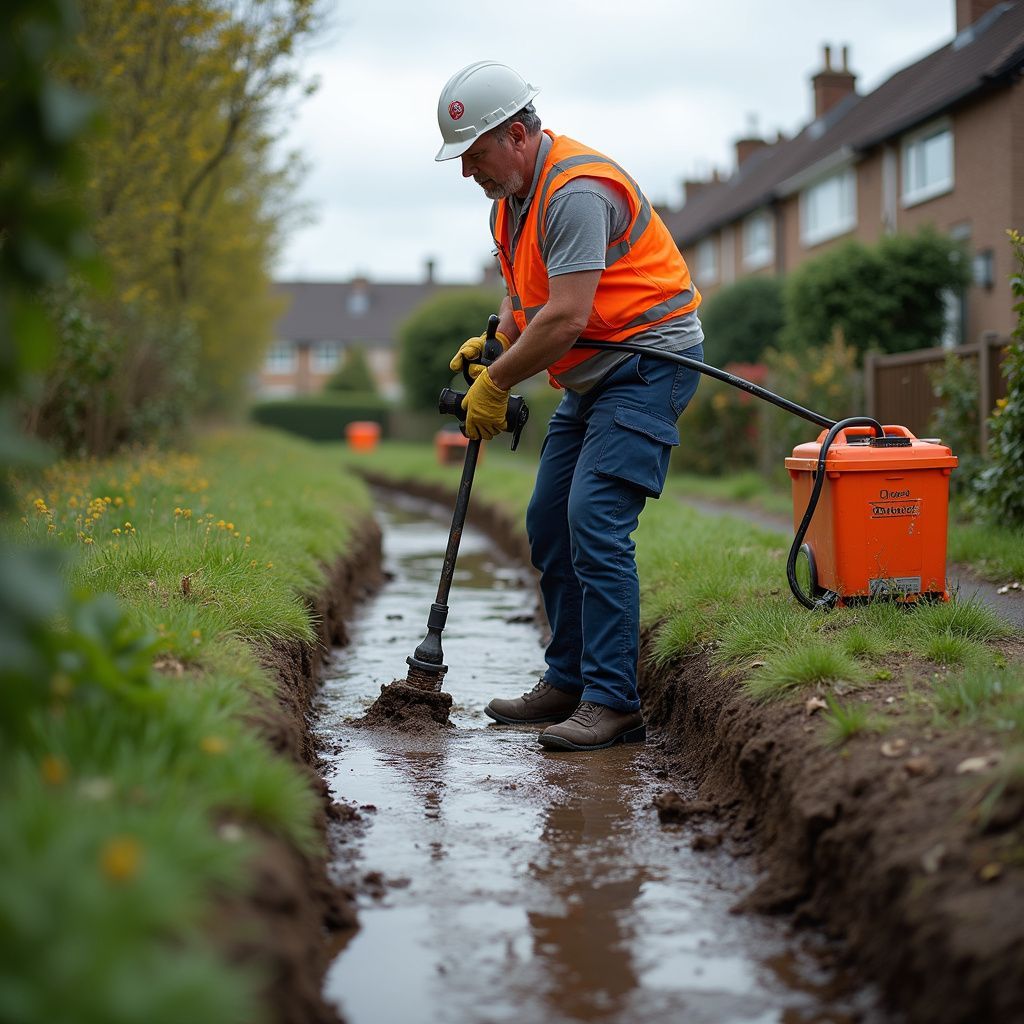 Construction worker in orange vest and hard hat using a tool in a trench, orange container nearby.