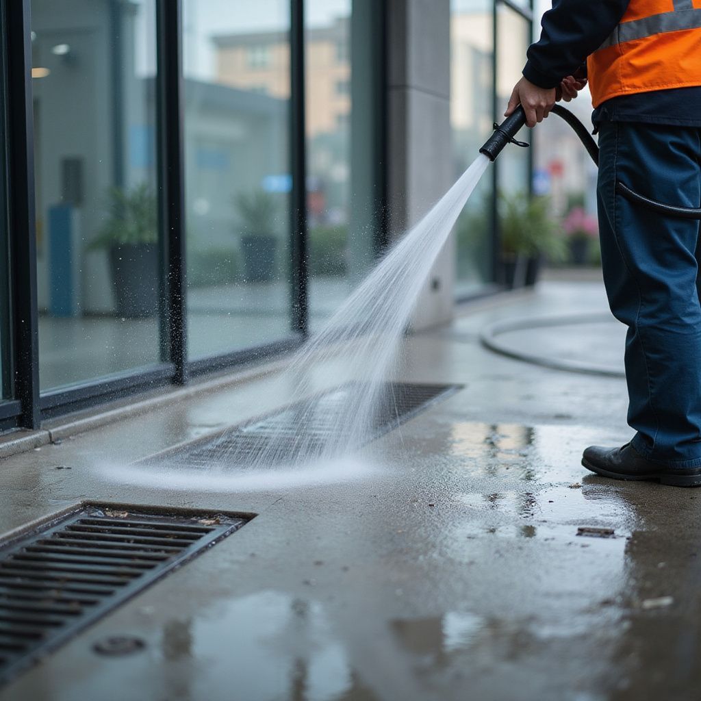 Person in safety vest power-washing a concrete surface near building entrance.