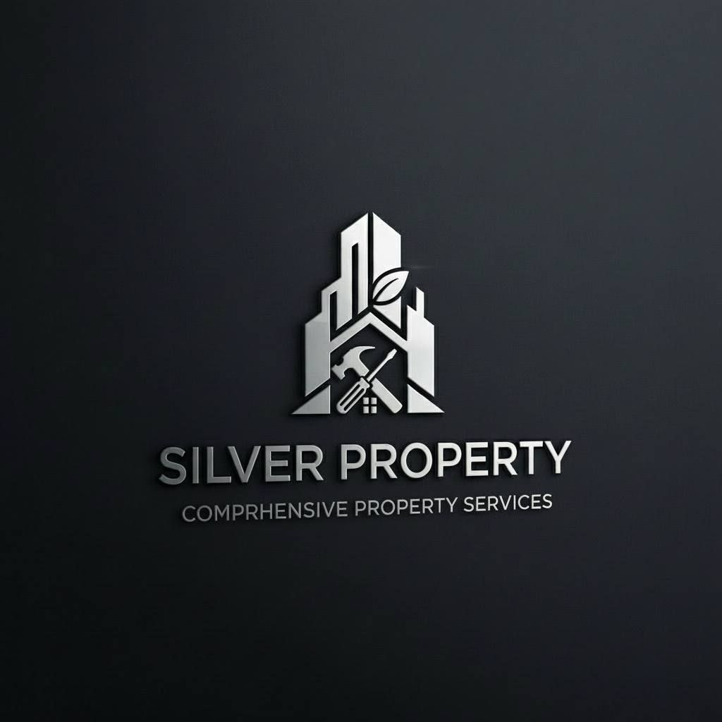 Silver Property logo: Silver building silhouette with hammer, screwdriver, leaf on dark background.