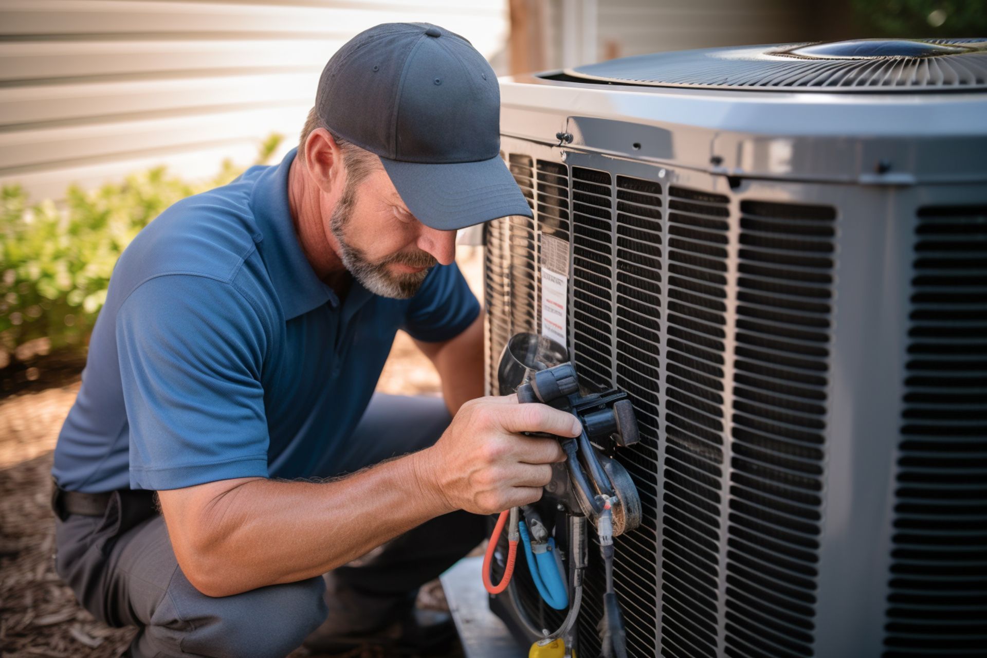 Technician performing ac repair sterling on outdoor HVAC unit with gauges and tools in yard.