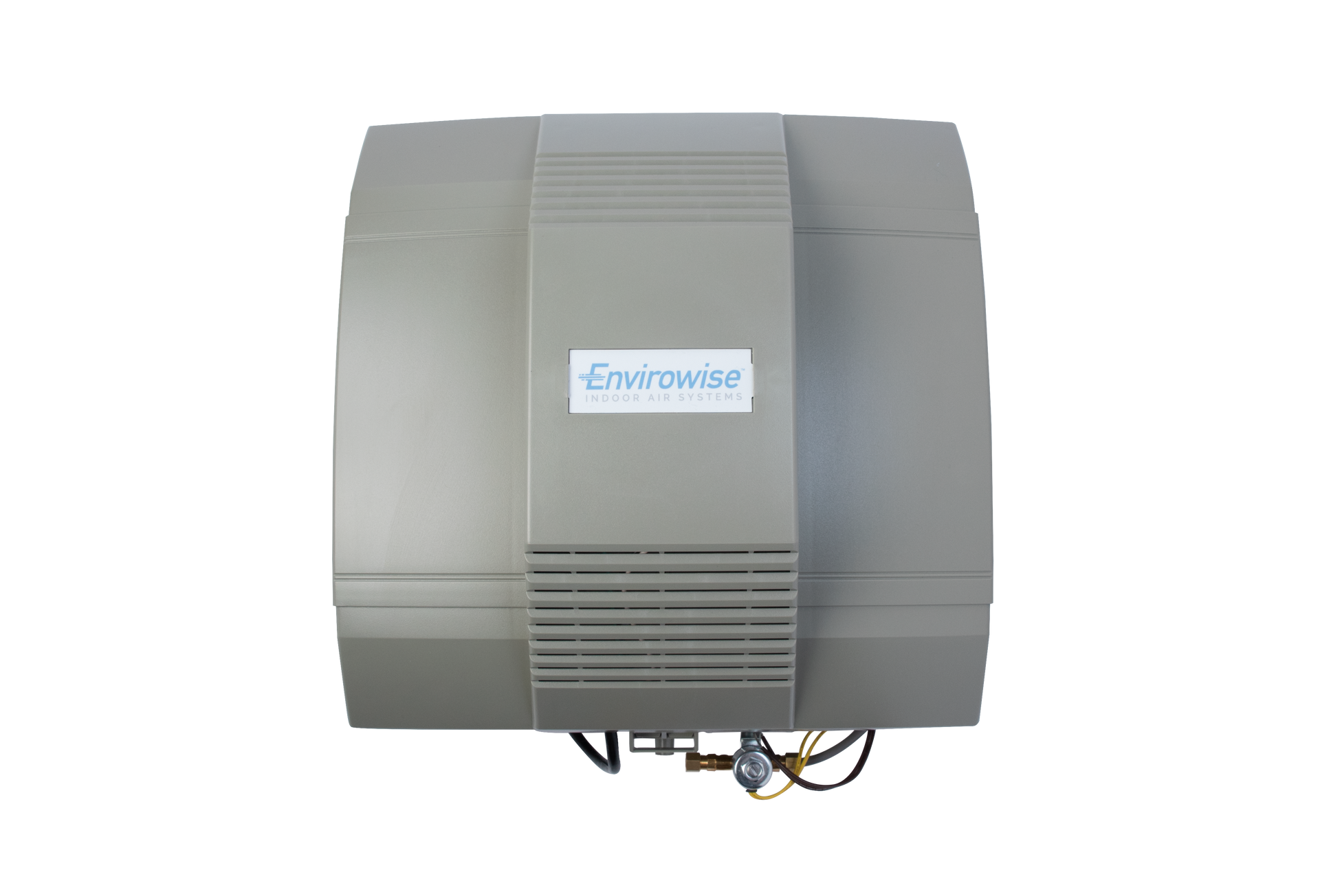 A gray air conditioner is sitting on a white surface.