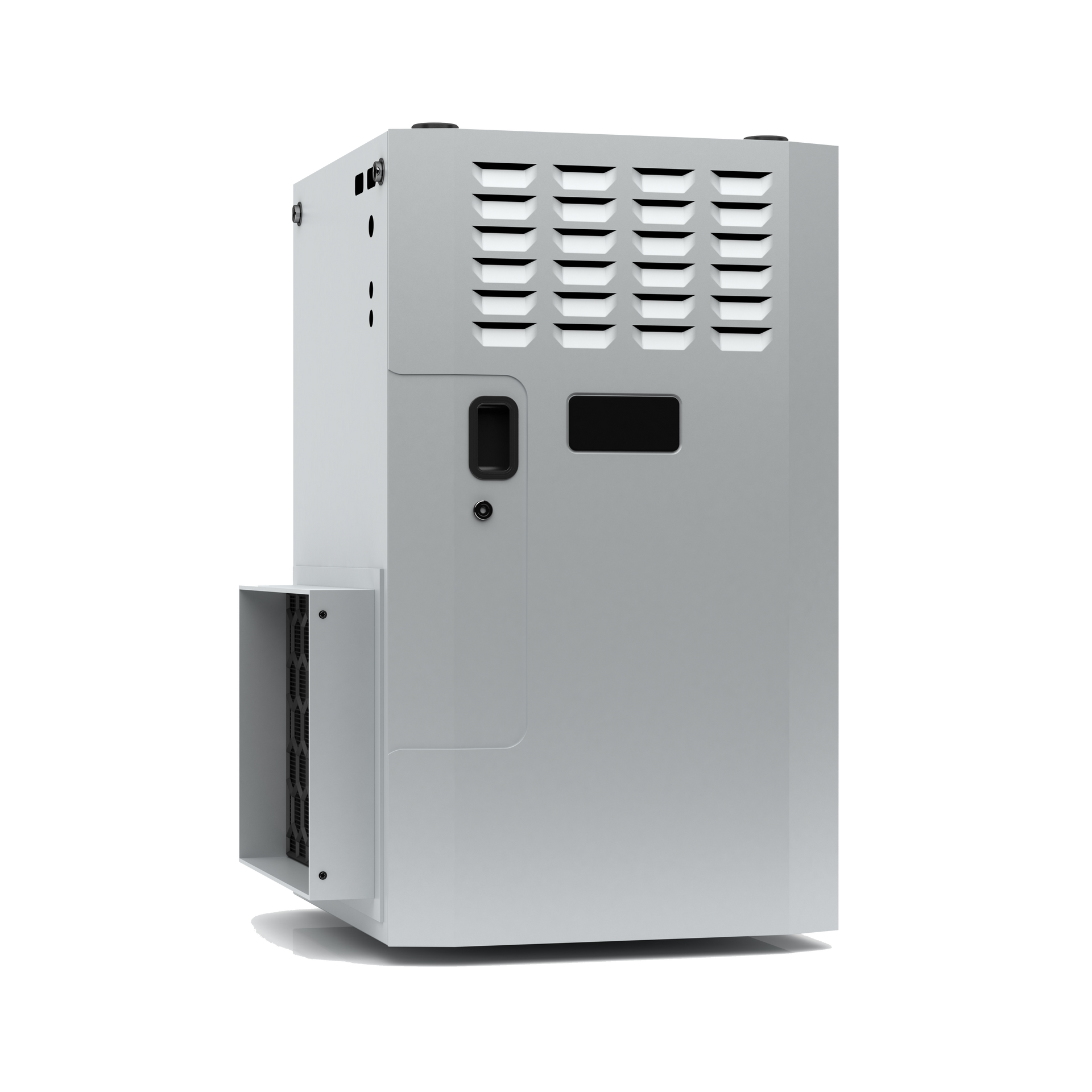 A white air conditioner is sitting on a white surface. A white air conditioner is sitting on a white surface.