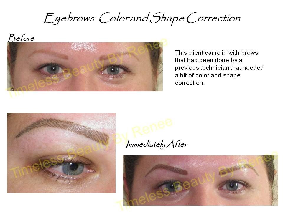 A before and after picture of a woman 's eyebrows color and shape correction