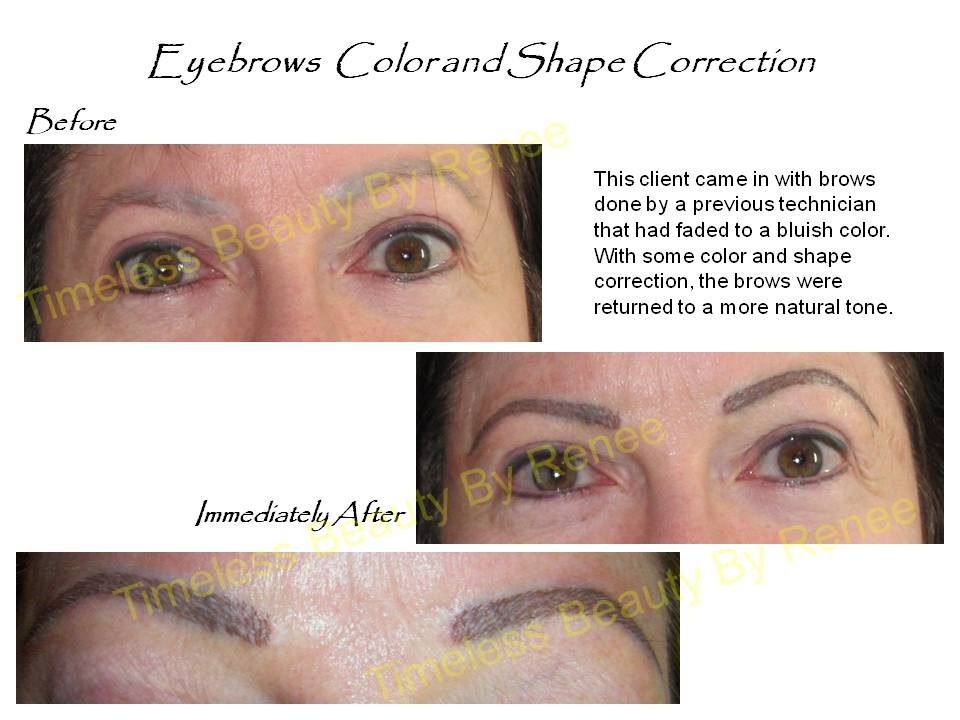 A before and after picture of a woman 's eyebrows color and shape correction