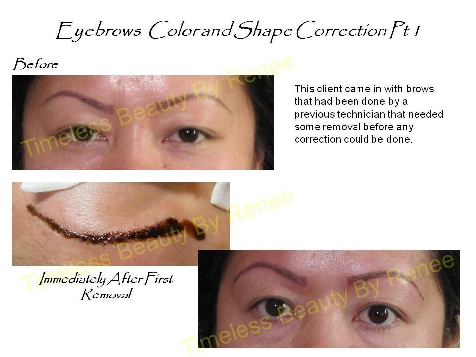 A before and after picture of eyebrows color and shape correction