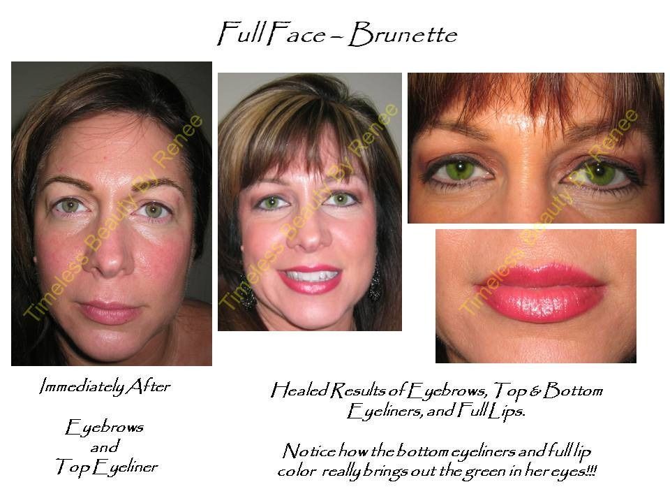 A before and after photo of a woman with full face brunette makeup