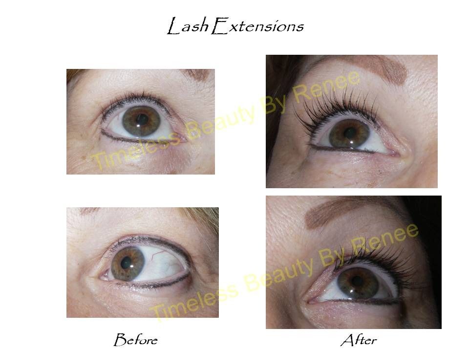 A before and after photo of a woman 's eye with lash extensions