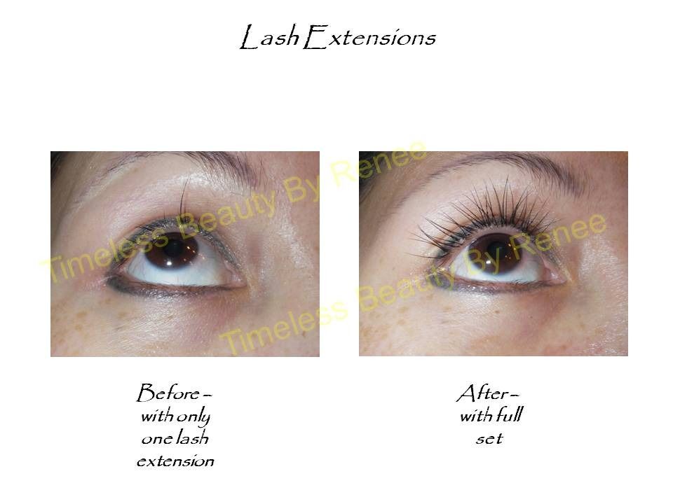 A before and after photo of a woman 's eye with lash extensions