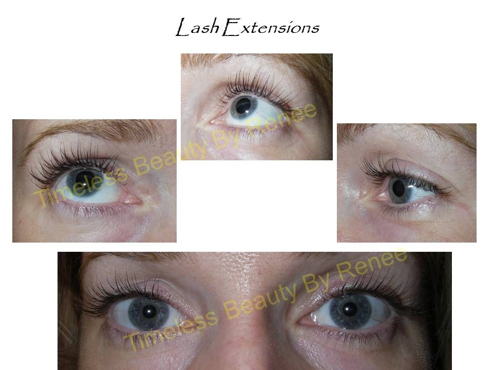 Three pictures of a woman 's eyes with the words lash extensions at the top