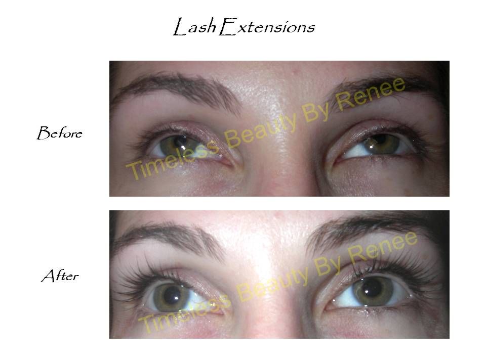 A before and after photo of a woman with lash extensions