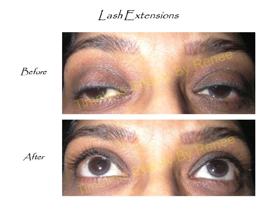 A before and after photo of a woman 's eyes with lash extensions