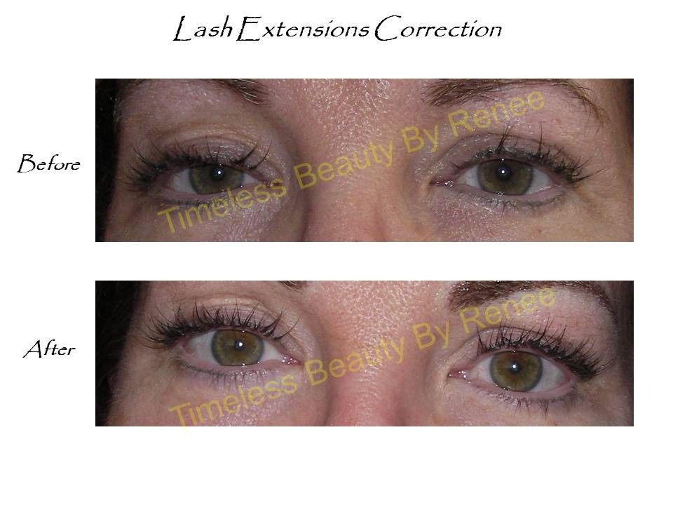 Two pictures of a woman 's eyes before and after lash extensions correction