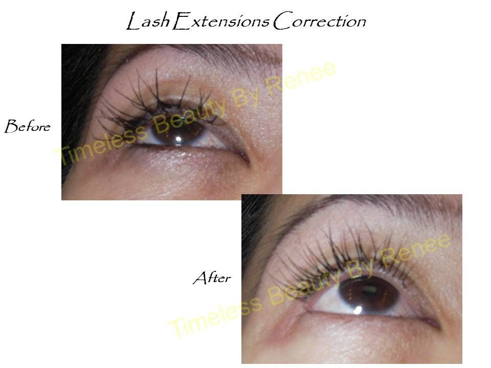 A picture of a woman 's eye before and after lash extensions correction