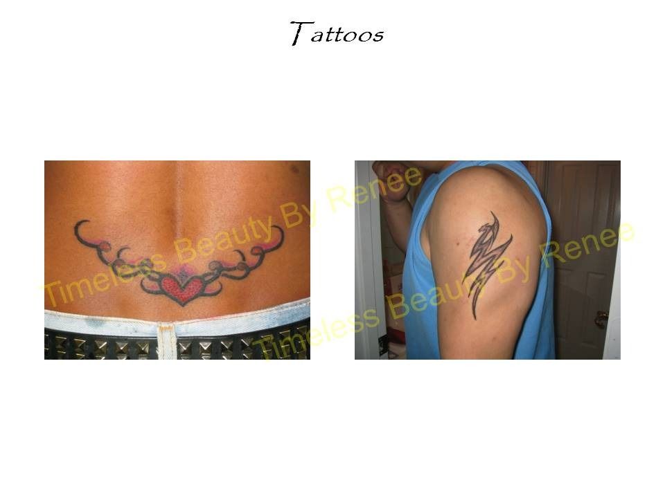 A picture of a tattoo on a woman 's back and a picture of a tattoo on a man 's arm