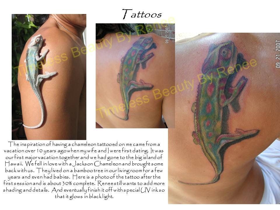 A man has a chameleon tattoo on his back