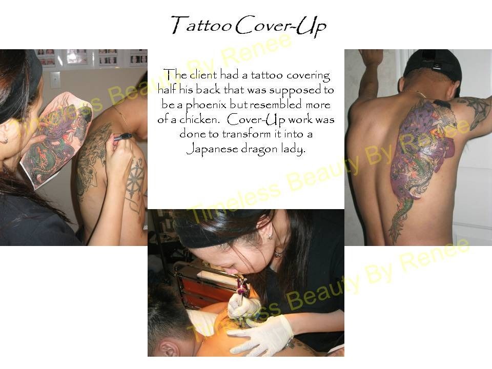 A woman is covering a man 's back with a tattoo cover up