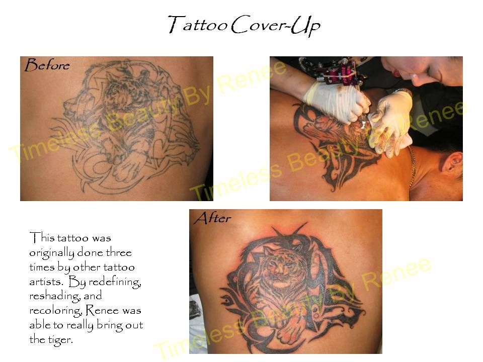 A before and after picture of a tattoo cover up