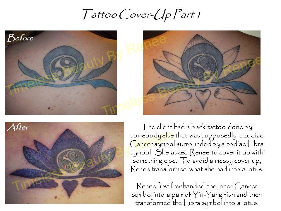 A before and after picture of a lotus flower tattoo