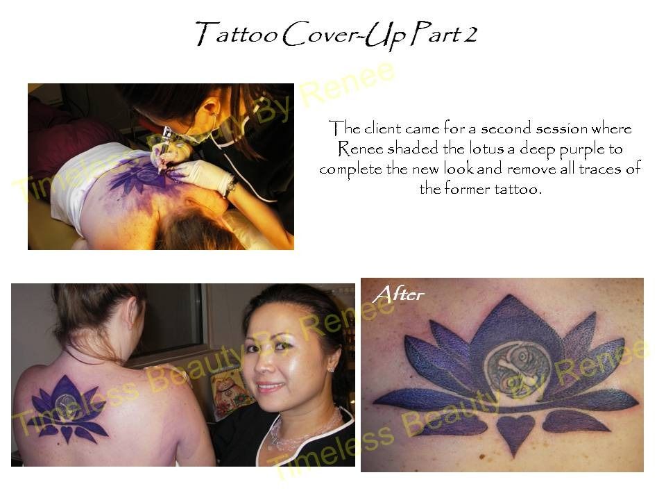 A woman is getting a tattoo cover up on her back