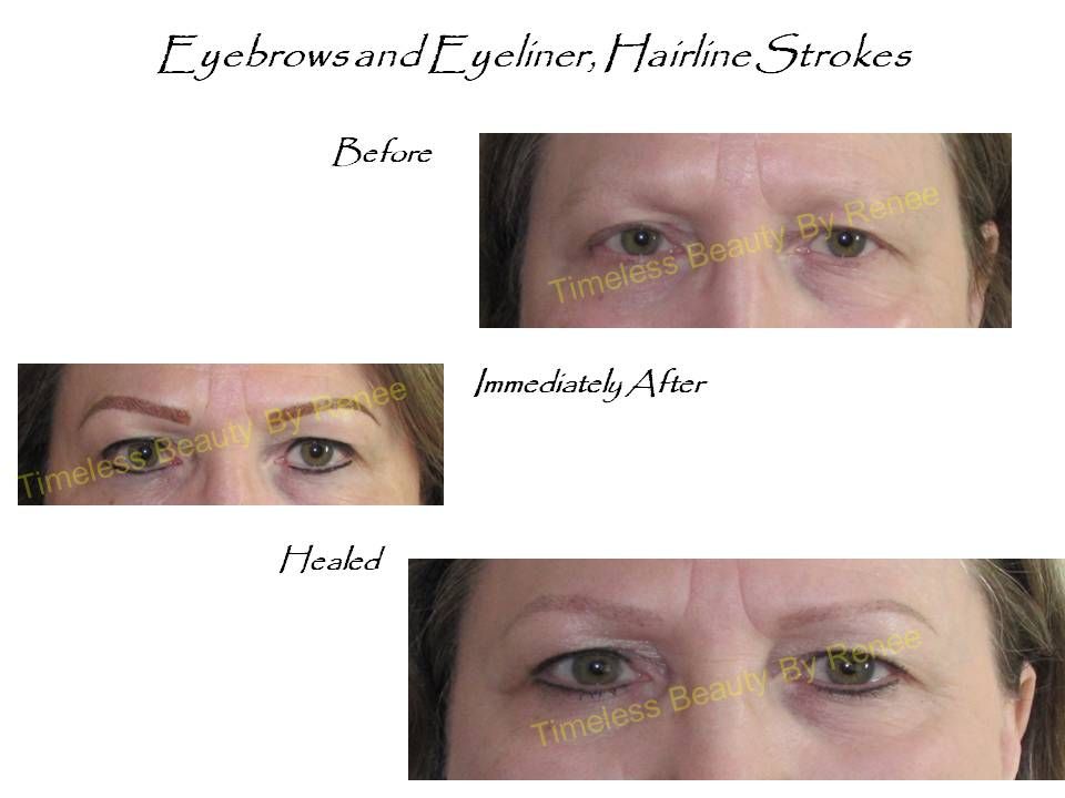 A before and after photo of a woman 's eyebrows and eyeliner