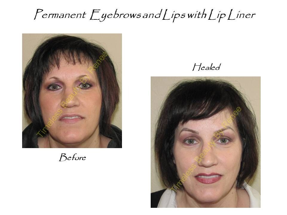 A woman has permanent eyebrows and lips with lip liner