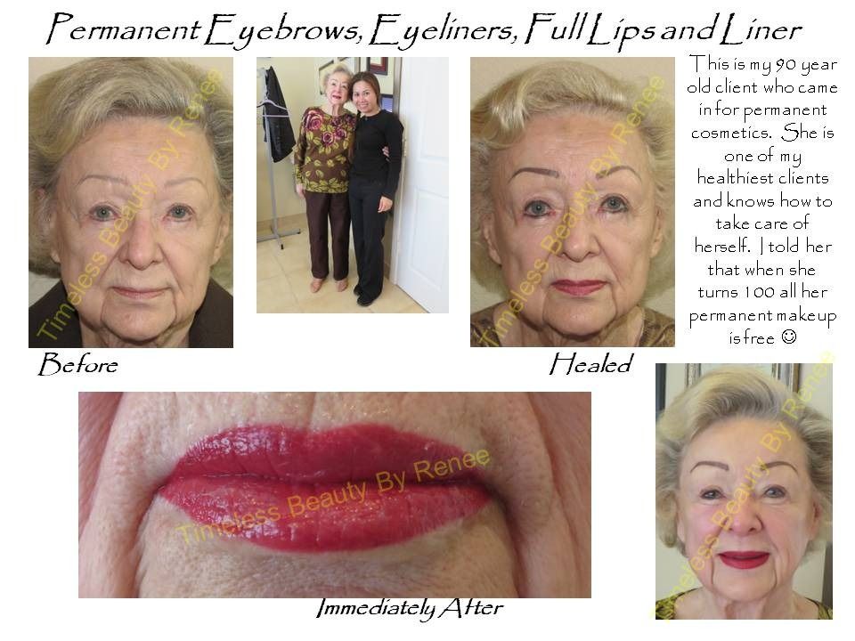 A woman with permanent eyebrows , eyeliners , full lips and liner