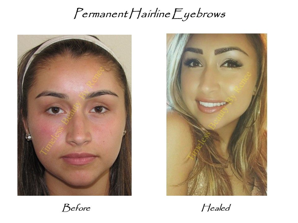 A before and after picture of a woman with permanent eyebrows