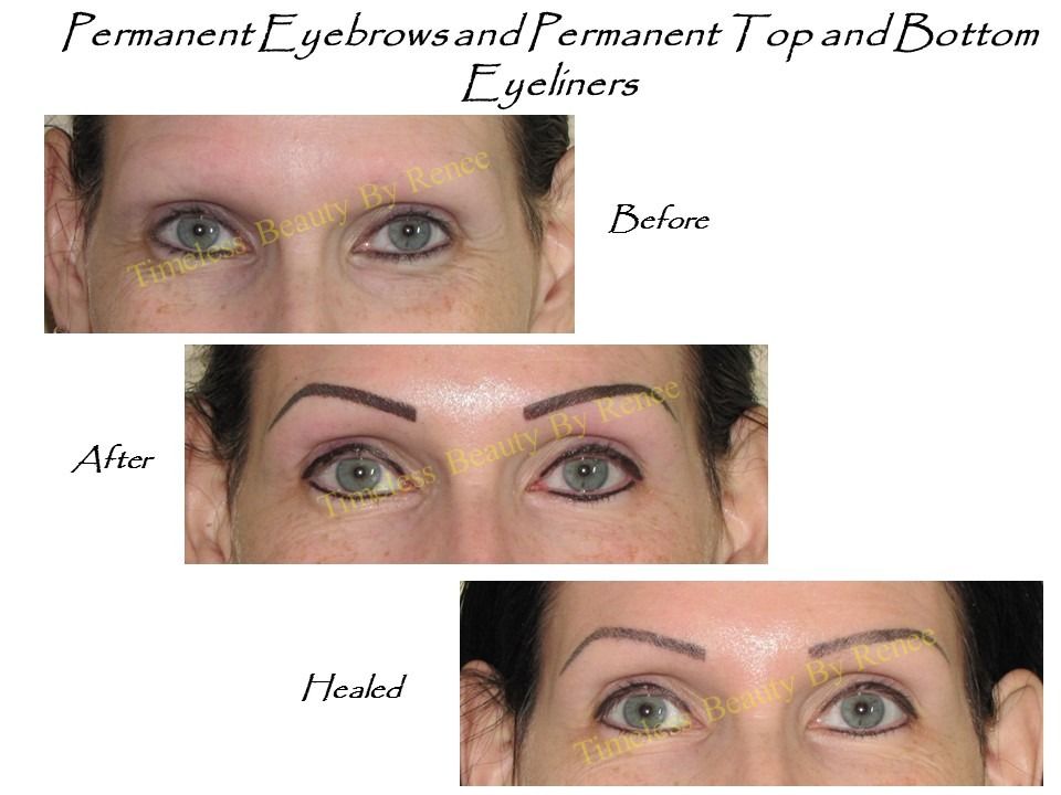 Three pictures of a woman 's eyebrows before and after permanent eyebrows and permanent top and bottom eyeliners