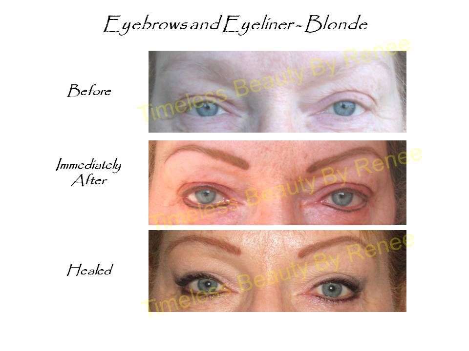 A before and after picture of a woman 's eyebrows and eyeliner