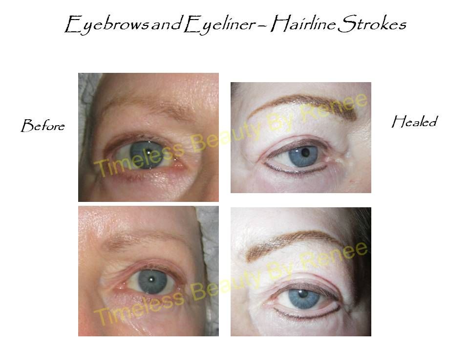 A before and after picture of a woman 's eyebrows and eyeliner