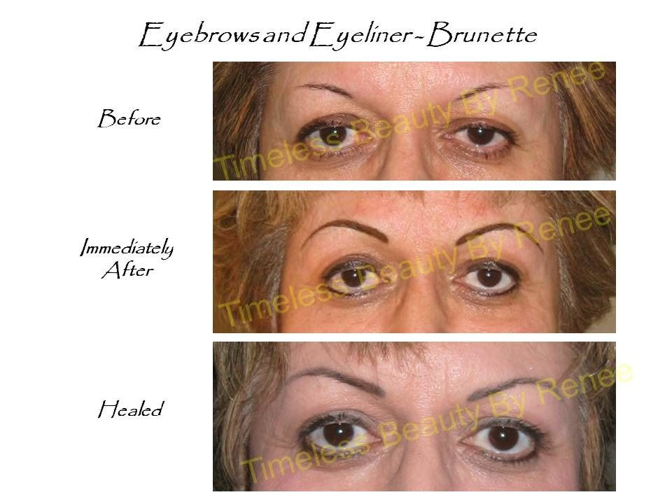 A before and after picture of a woman 's eyebrows and eyeliner