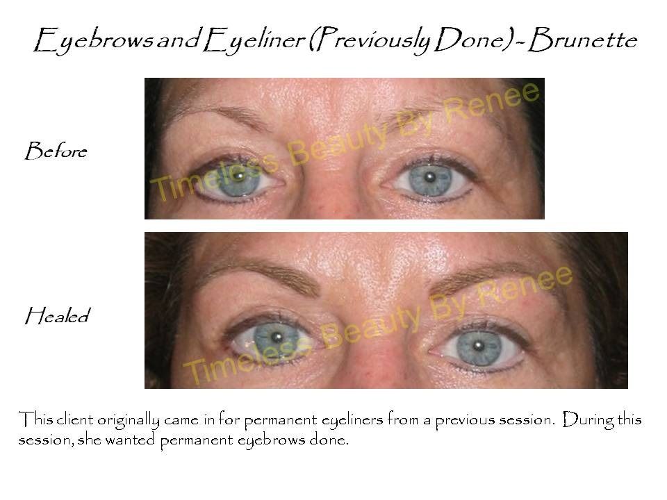 A before and after picture of a woman 's eyebrows and eyeliner