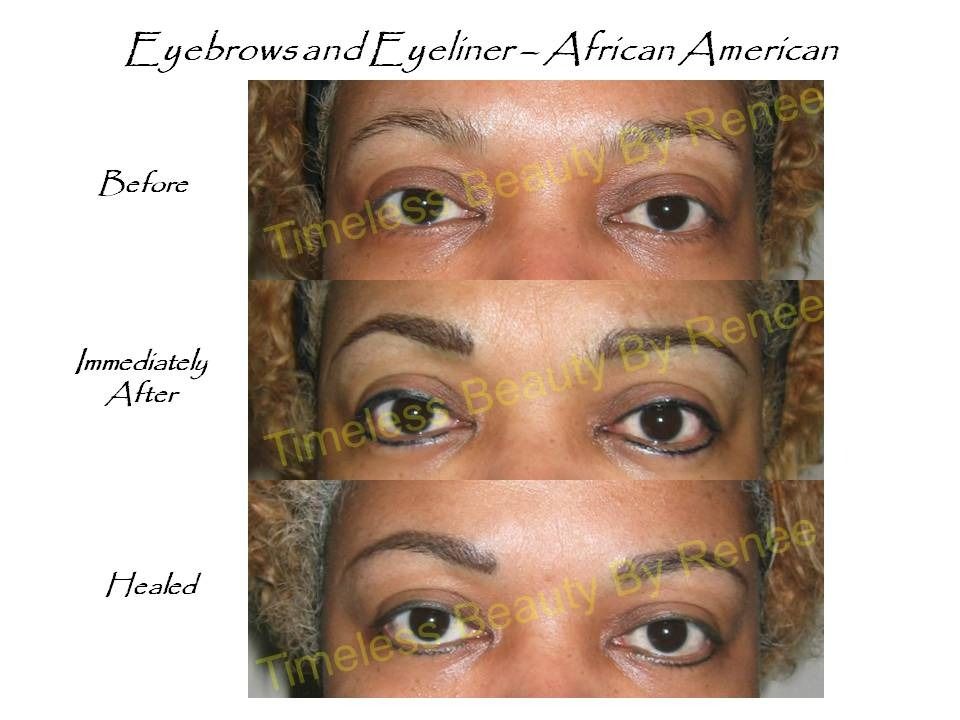 A before and after photo of a woman 's eyebrows and eyeliner