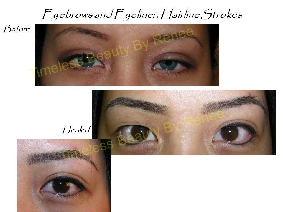 A before and after picture of a woman 's eyebrows and eyeliner