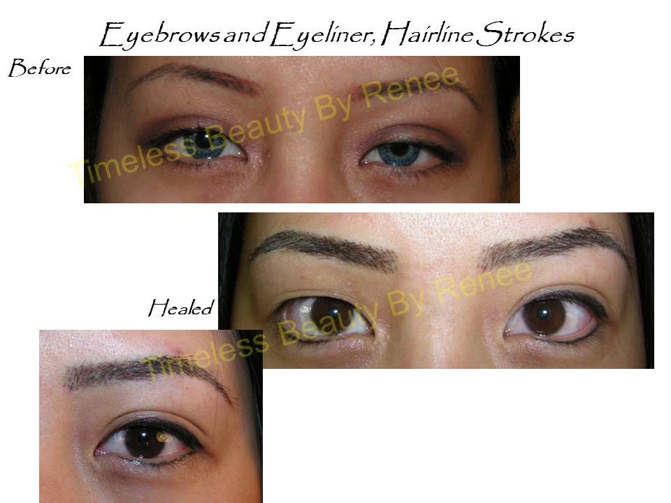 A before and after photo of a woman 's eyebrows and eyeliner