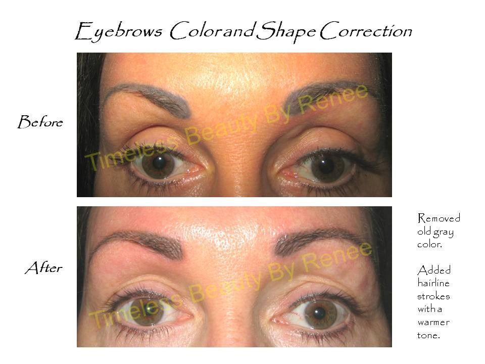 A before and after picture of a woman 's eyebrows color and shape correction