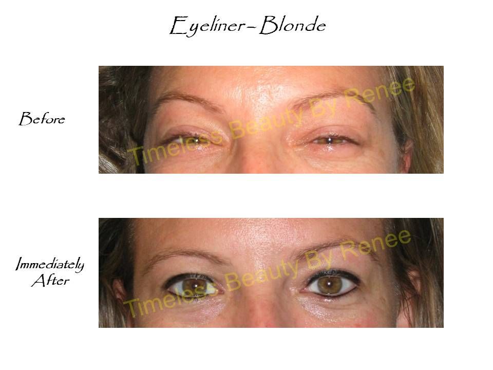 A before and after photo of a woman with eyeliner blonde