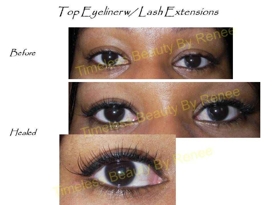 A before and after photo of a woman 's eye extensions